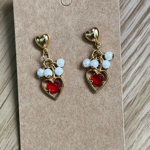 Gold Heart Drop Earrings with Red and White Accents